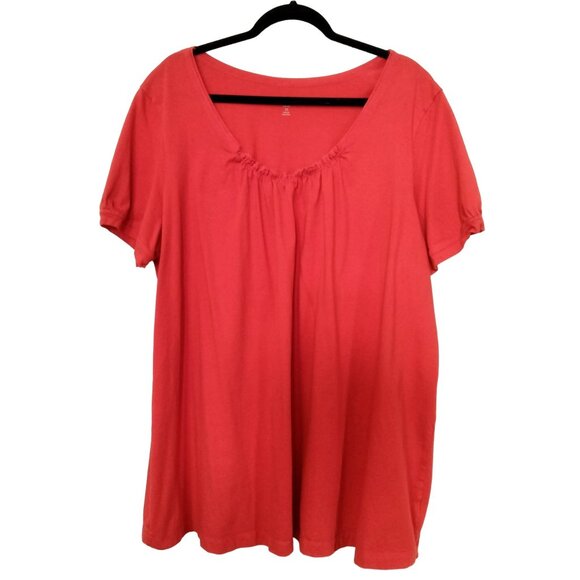 Woman Within Coral Red V-Neck Top Ruching Detail Short Sleeve Size 2X 26/28 - Picture 2 of 7